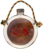 "OUR CANDIDATES" McKINLEY & TR LABEL UNDER GLASS JUGATE CANTEEN STYLE FLASK WITH SCREW CAP AND CORD.