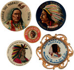 FIVE CELLULOID BUTTONS PICTURING NATIVE AMERICAN INDIANS.