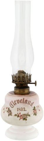 CLEVELAND WITH GLASS CHIMNEY & HARRISON WITH REPAIRED GLOBE MATCHING 1892 OIL LAMPS.