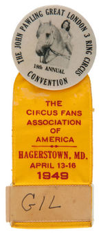 "CIRCUS FANS ASSOCIATION" THREE BUTTONS WITH RIBBONS 1937,1949,1950.