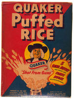 QUAKER "PUFFED RICE" CEREAL BOX WITH GENE AUTRY PREMIUM COMIC BOOKS OFFER.