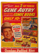 QUAKER "PUFFED RICE" CEREAL BOX WITH GENE AUTRY PREMIUM COMIC BOOKS OFFER.