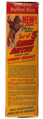 QUAKER "PUFFED RICE" CEREAL BOX WITH GENE AUTRY PREMIUM COMIC BOOKS OFFER.