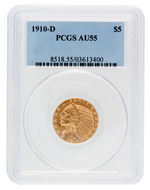 1910-D $5 "INDIAN HEAD" HALF EAGLE GOLD COIN PCGS AU55.