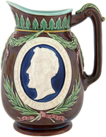 SCARCE MAJOLICA PITCHER FEATURING LINCOLN AND WASHINGTON.