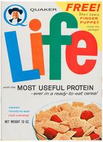 QUAKER "LIFE" CEREAL BOX WITH SHARI LEWIS FINGER/HAND PUPPETS PREMIUM OFFER.