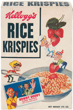 HOWDY DOODY KELLOGG'S RICE KRISPIES CEREAL BOX WITH PREMIUM HAND PUPPETS OFFER.