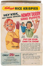 HOWDY DOODY KELLOGG'S RICE KRISPIES CEREAL BOX WITH PREMIUM HAND PUPPETS OFFER.