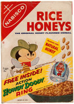 HOWDY DOODY NABISCO RICE HONEYS CEREAL BOX WITH ACTION RING OFFER.