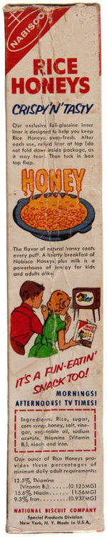 HOWDY DOODY NABISCO RICE HONEYS CEREAL BOX WITH ACTION RING OFFER.