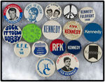 ROBERT KENNEDY 12 CAMPAIGN BUTTONS, 3 MEMORIALS, "NEW DEMOCRATIC COALITION" AND EMK 1972 BUTTON.