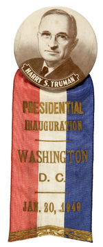 "HARRY S. TRUMAN" LARGE BROWN TONE PHOTO BUTTON WITH RARE INAUGURAL RIBBON.