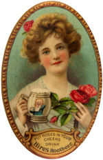 “HIRES ROOTBEER” SUPERB MIRROR WITH WOMAN HOLDING MUG DEPICTING HIRES’ BOY.