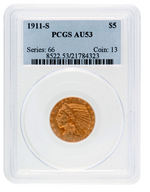 1911-S $5 "INDIAN HEAD" HALF EAGLE GOLD COIN PCGS AU53.