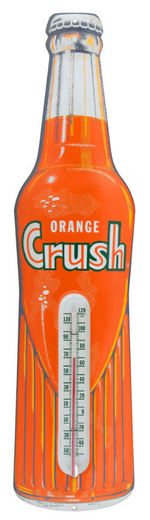 "ORANGE CRUSH" SODA EMBOSSED FIGURAL BOTTLE TIN LITHO THERMOMETER.