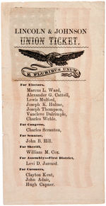 “LINCOLN & JOHNSON UNION TICKET” 1864 FROM NEW JERSEY.