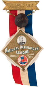 “NATIONAL REPUBLICAN LEAGUE” 1895 BADGE WITH “OHIO” BUCKEYE AND WHEEL SHOWING “OHIO’S SONS."