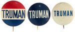 TRUMAN FIVE NAME BUTTONS PLUS c.1948 “VOTE DEMOCRATIC” BUTTON.