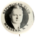 HOOVER RARE REAL PHOTO BUTTON FROM “REPUBLICAN CLUB MASSENA, N.Y.”