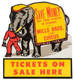 "MILLS BROS. 3 RING CIRCUS" LARGE WINDOW CARD/TICKET SELLER STANDEE PAIR.