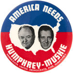 SCARCE "AMERICA NEEDS HUMPHREY MUSKIE" HAKE #2001 JUGATE BUTTON.