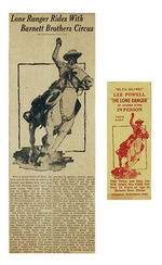 LEE POWELL AS THE LONE RANGER/BARNETT BROS. CIRCUS POSTER, TICKET, NEWS ARTICLE.