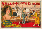 "SELLS-FLOTO CIRCUS" LINEN-MOUNTED POSTER FEATURING EQUESTRAIN RIDER ROSE MILLETTE.