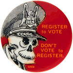 ANTI DRAFT REGISTRATION BUTTON PICTURING SKULL WEARING "U.S." MILITARY HAT.