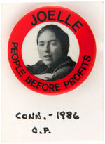 BUTTON FOR CONNECTICUT COMMUNIST PARTY WOMAN POLITICIAN.