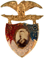 THEODORE ROOSEVELT REAL PHOTO OVAL ON EMBOSSED BRASS AND ENAMEL PAINT BADGE.