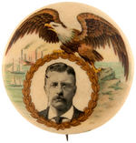 ROOSEVELT BEAUTIFUL PORTRAIT BUTTON ACCENTED BY SHIPS, FACTORY AND LARGE EAGLE WITH SPREAD WINGS.