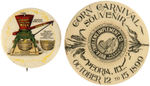 CORN GRINDER EQUIPMENT AND CORN CARNIVAL SOUVENIR BUTTONS FROM HAKE'S CPB.