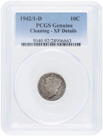 10C MERCURY DIME 1942/1-D OVERDATE PCGS GENUINE CLEANING-XF DETAILS.