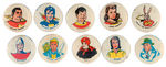 FAWCETT COMIC CHARACTERS BUTTON SET INCLUDING CAPTAIN MARVEL AND NINE OTHERS.