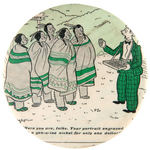 LARGE 1930s CARTOON BUTTON WITH SALESMAN OFFERING BUFFALO NICKELS TO INDIANS FOR ONE DOLLAR.