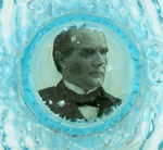 OPALESCENT BLUE COMPOTE AND ORNATE MILK GLASS PITCHER FEATURING PORTRAITS OF McKINLEY.