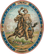 LARGE OVAL TIN LITHO SERVING TRAY FEATURING ROOSEVELT IN ROUGH RIDER UNIFORM ON HORSEBACK.