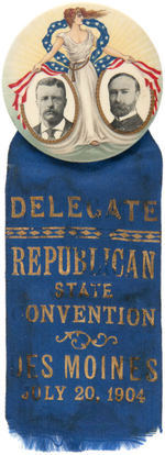 THEODORE ROOSEVELT LARGEST VERSION OF THE CLASSIC MISS LIBERTY JUGATE BUTTON PLUS RIBBON.