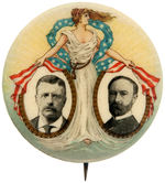 THEODORE ROOSEVELT CLASSIC 1.25” JUGATE BUTTON SHOWING MISS LIBERTY.