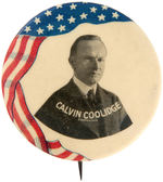 “CALVIN COOLIDGE” PORTRAIT BUTTON WITH DRAPED FLAG.