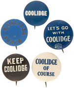 COOLIDGE FIVE UNCOMMON NAME AND SLOGAN BUTTONS.