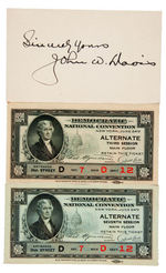 "SINCERELY YOURS JOHN W. DAVIS" AUTOGRAPH CARD AND TWO 1924 CONVENTION TICKET STUBS.