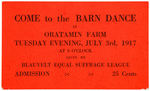 TICKET FOR "BLAUZELT EQUAL SUFFRAGE LEAGUE BARN DANCE 1917."