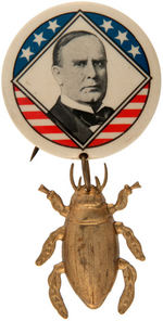 McKINLEY LARGE RARE BUTTON WITH SUSPENDED LARGE BRASS SHELL GOLD BUG.