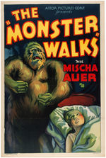 "THE MONSTER WALKS" LINEN-MOUNTED HORROR MOVIE POSTER.