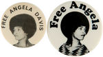"FREE ANGELA DAVIS" AND "FREE ANGELA" PAIR OF RARE EUROPEAN BUTTONS.