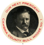 RARE ROOSEVELT 1912 “CAMBRIA COUNTY BULL MOOSE NO. 1” BUTTON.