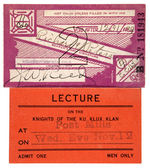 KU KLUX KLAN 1929 MEMBER'S CARD & LECTURE TICKET.