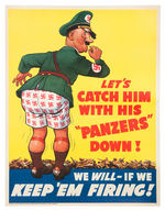 ANTI-HITLER “LET’S CATCH HIM WITH HIS PANZERS DOWN!” WWII LINEN-BACKED CARTOON POSTER.