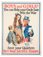 JAMES MONTGOMERY FLAGG WWI “BOYS AND GIRLS SAVE YOUR QUARTERS” UNCLE SAM LINEN BACKED POSTER.